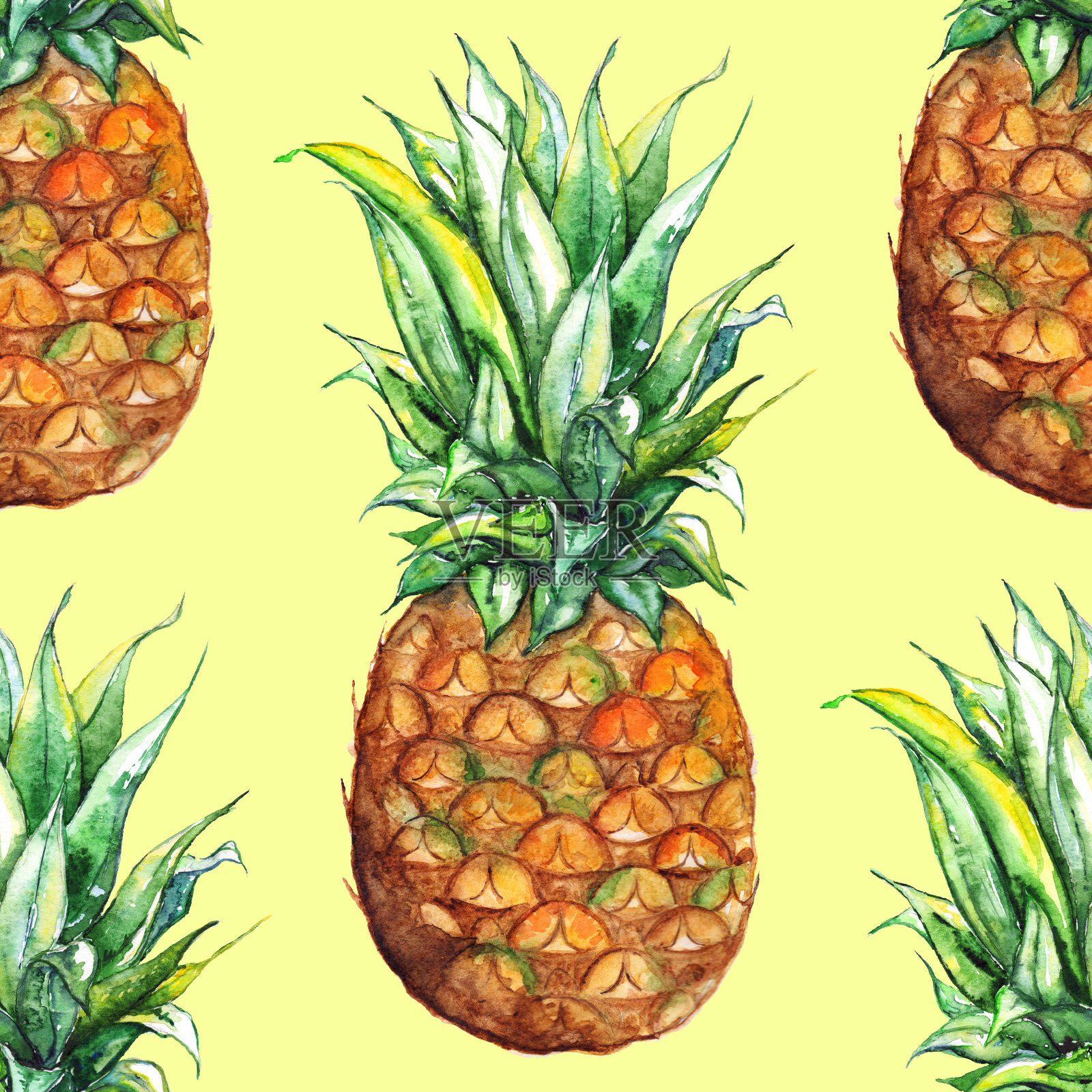 水彩凤梨异域热带水果无缝图案纹理背景插画图片素材