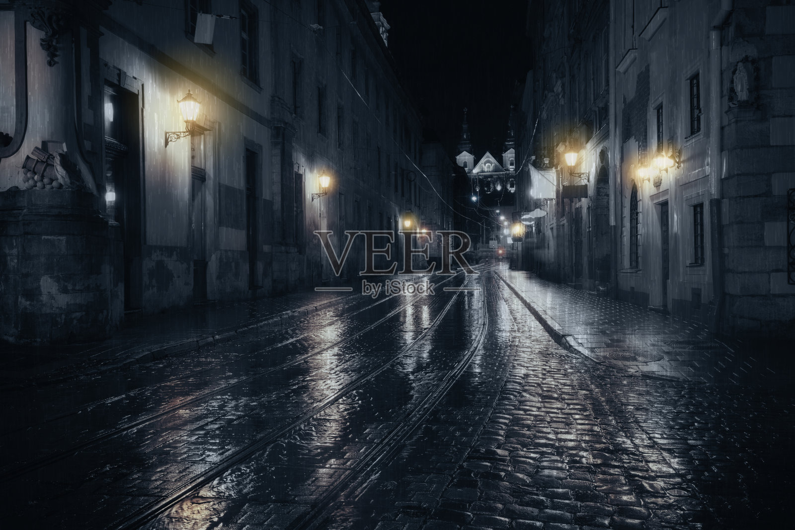 欧洲古城的雨夜照片摄影图片