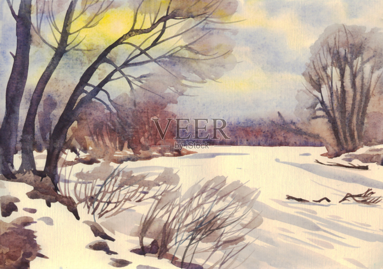 冬天的风景。绘画。水彩插画图片素材