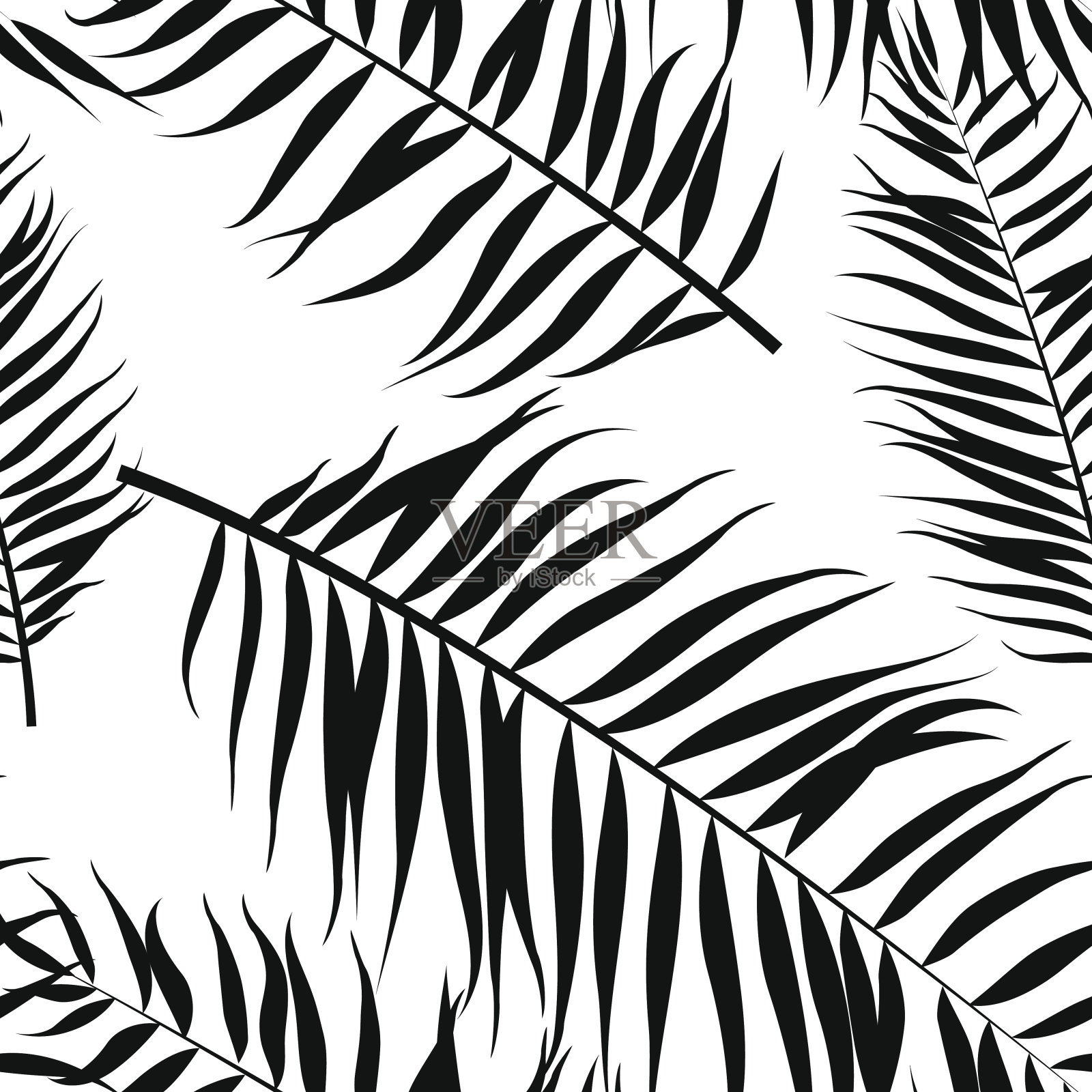 无缝彩色棕榈叶图案。平的风格。黑色和白色插画图片素材