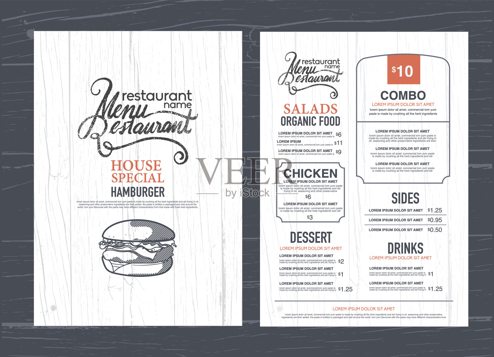 复古餐厅菜单设计和木纹背景。设计模板素材