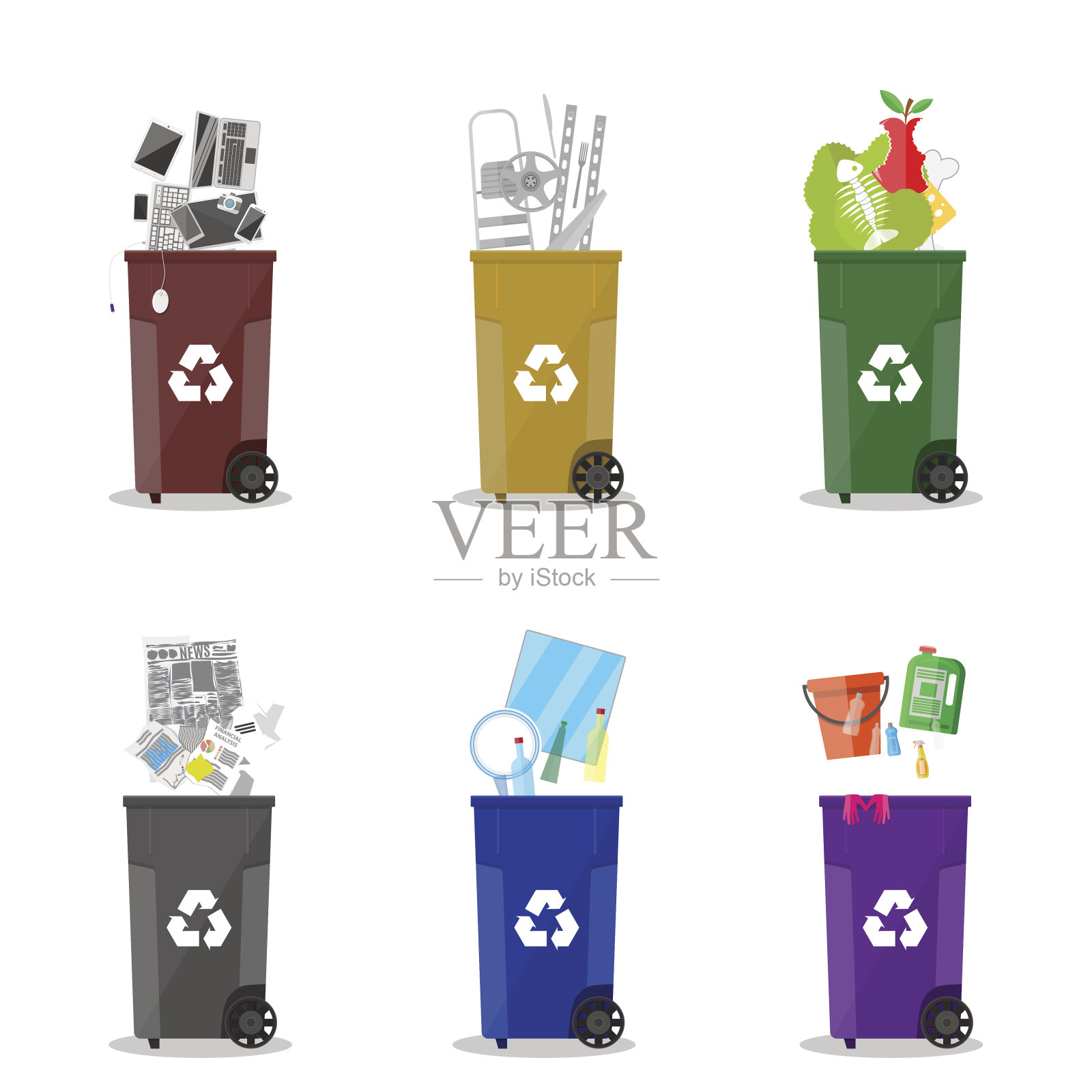 不同的废物回收类别。垃圾桶设计元素图片