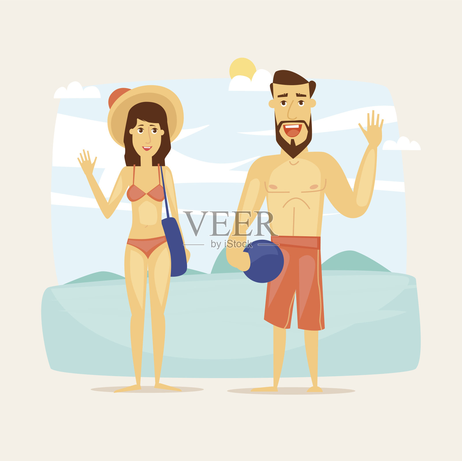 度假的人，沙滩上的情侣。插画图片素材