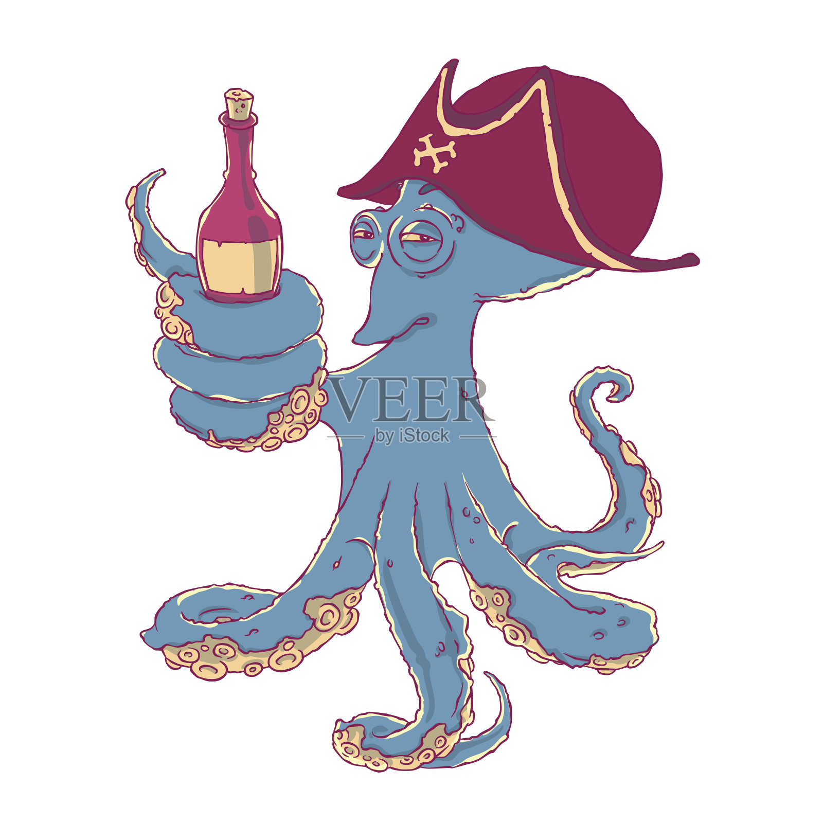 狡猾的章鱼海盗，触手里放着一瓶酒插画图片素材