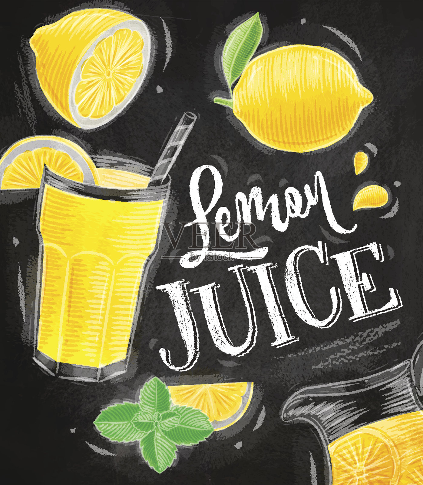 海报柠檬汁粉笔插画图片素材