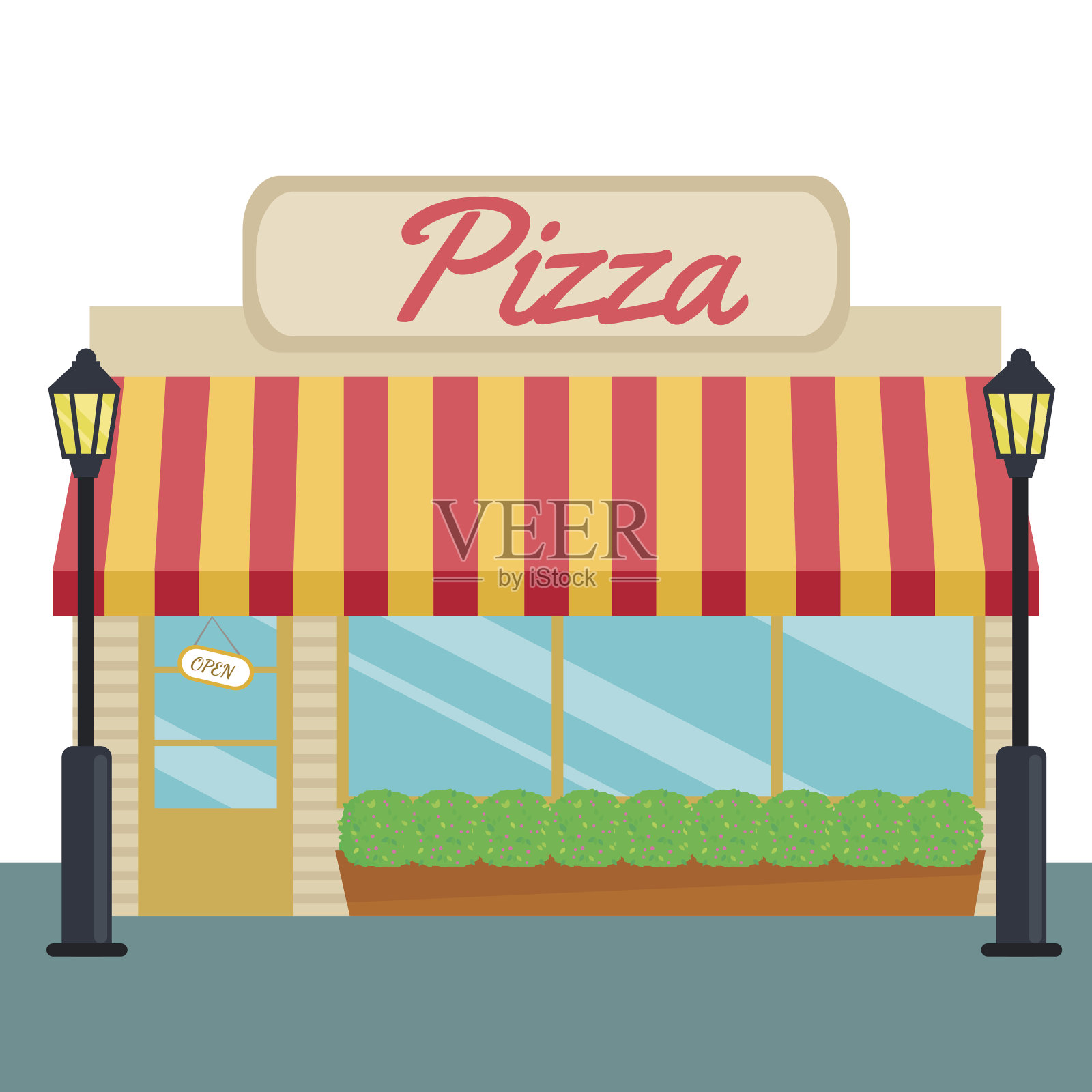 披萨店和店面前面的平铺风格。矢量图插画图片素材
