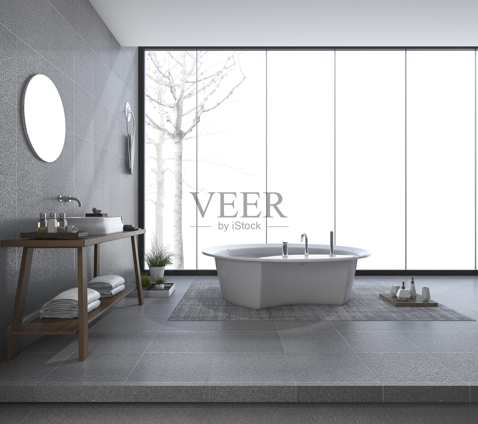 3d渲染现代浴室设计与美丽的景色在冬天照片摄影图片