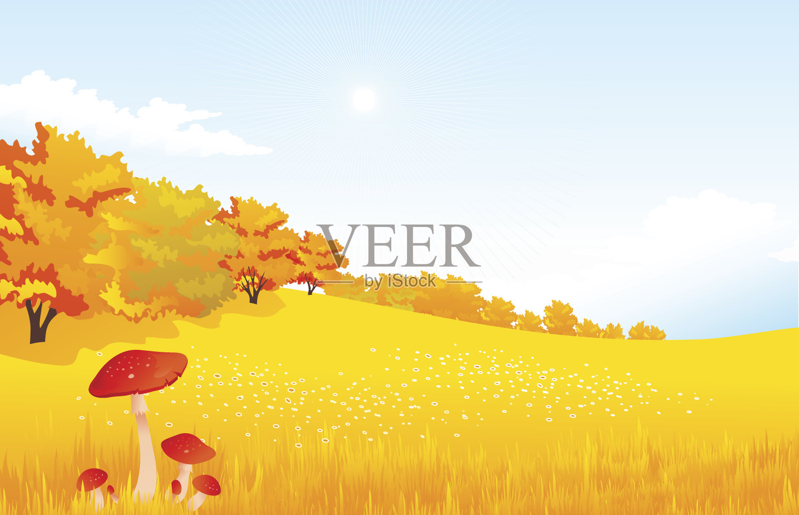 矢量插图秋天农村景观与草地和森林插画图片素材