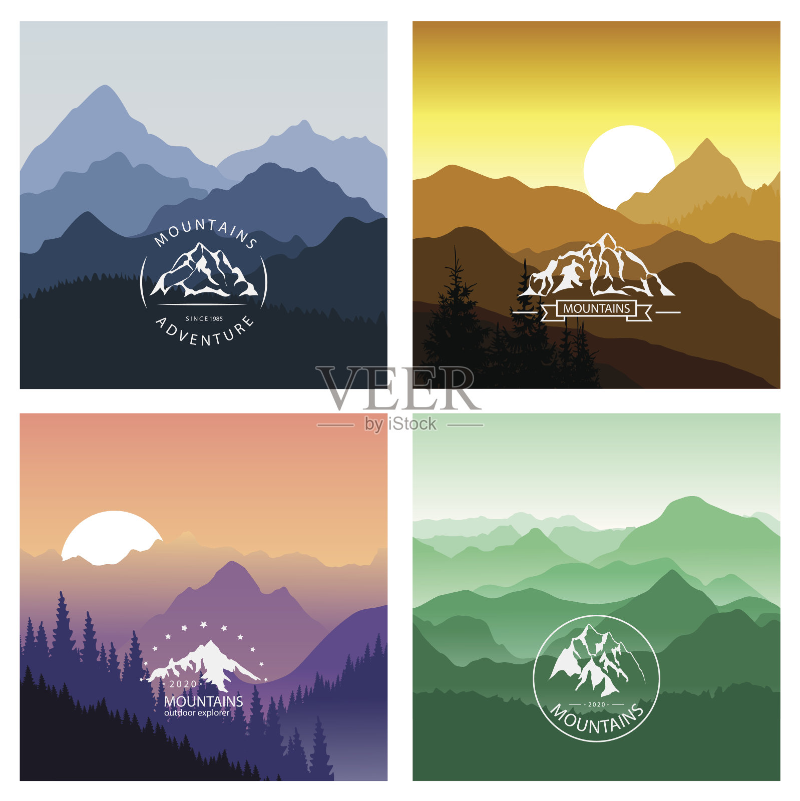 一组不同颜色的山景，有不同的标志。插画图片素材