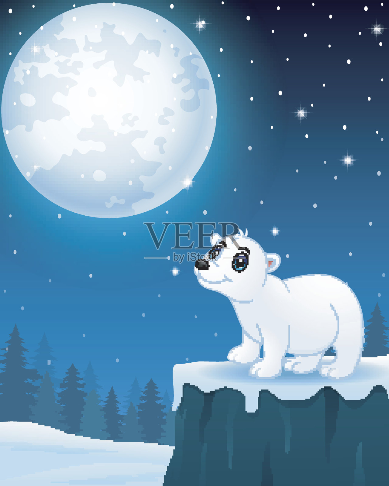 可爱的北极熊卡通在冬天的夜晚插画图片素材