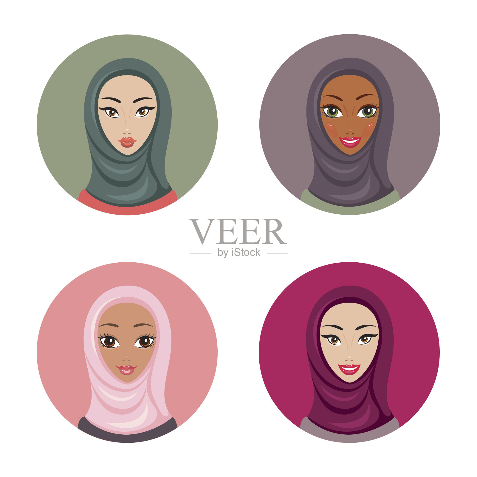 美丽年轻的穆斯林妇女图标设置女孩的肖像戴着头巾插画图片素材