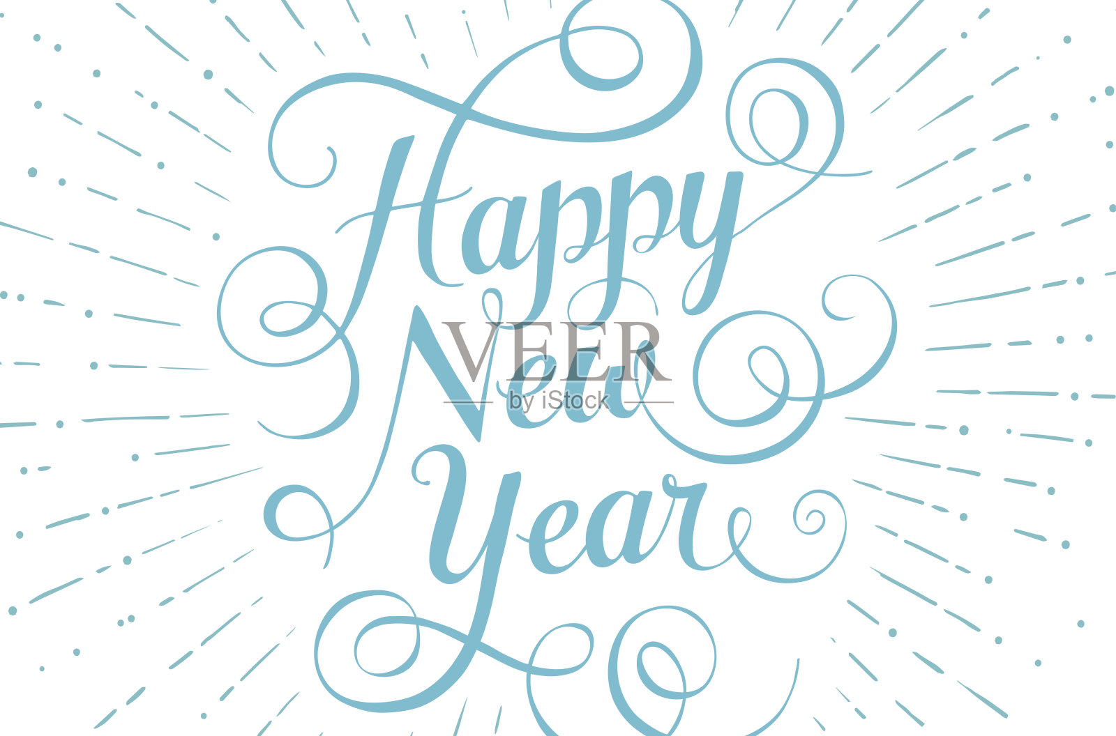 白色贺卡上写着“新年快乐”的蓝字插画图片素材