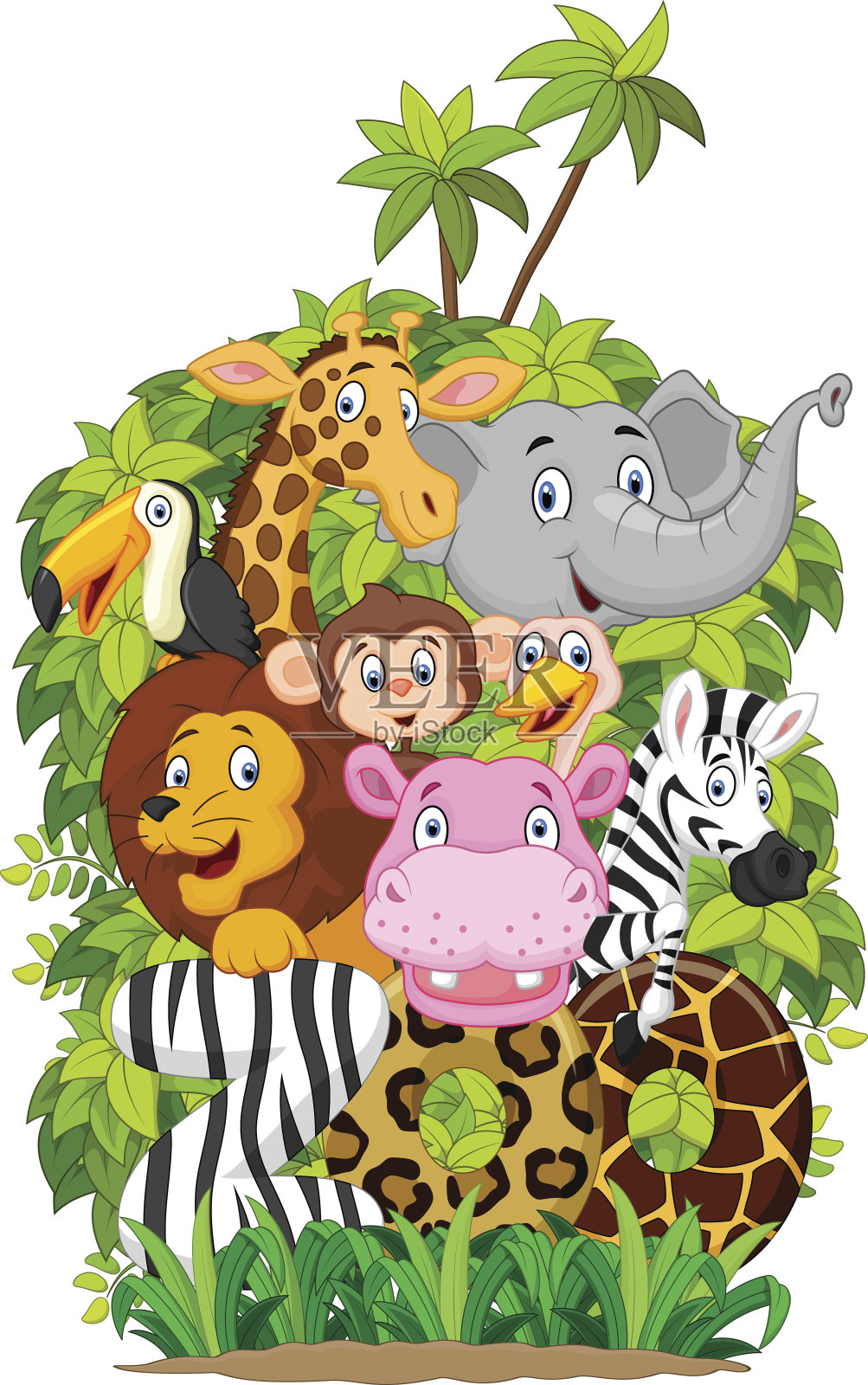 卡通动物园的快乐动物收藏插画图片素材