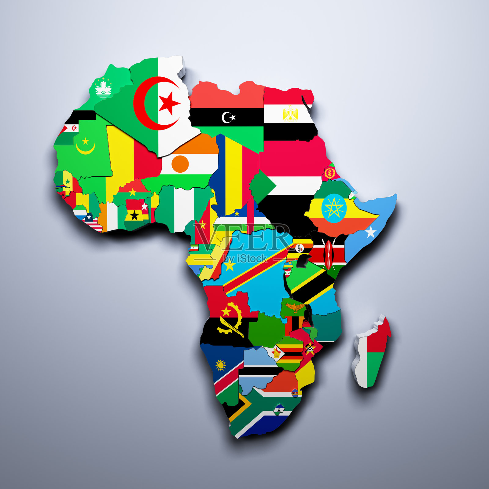 非洲地图与旗帜的国家3d渲染照片摄影图片