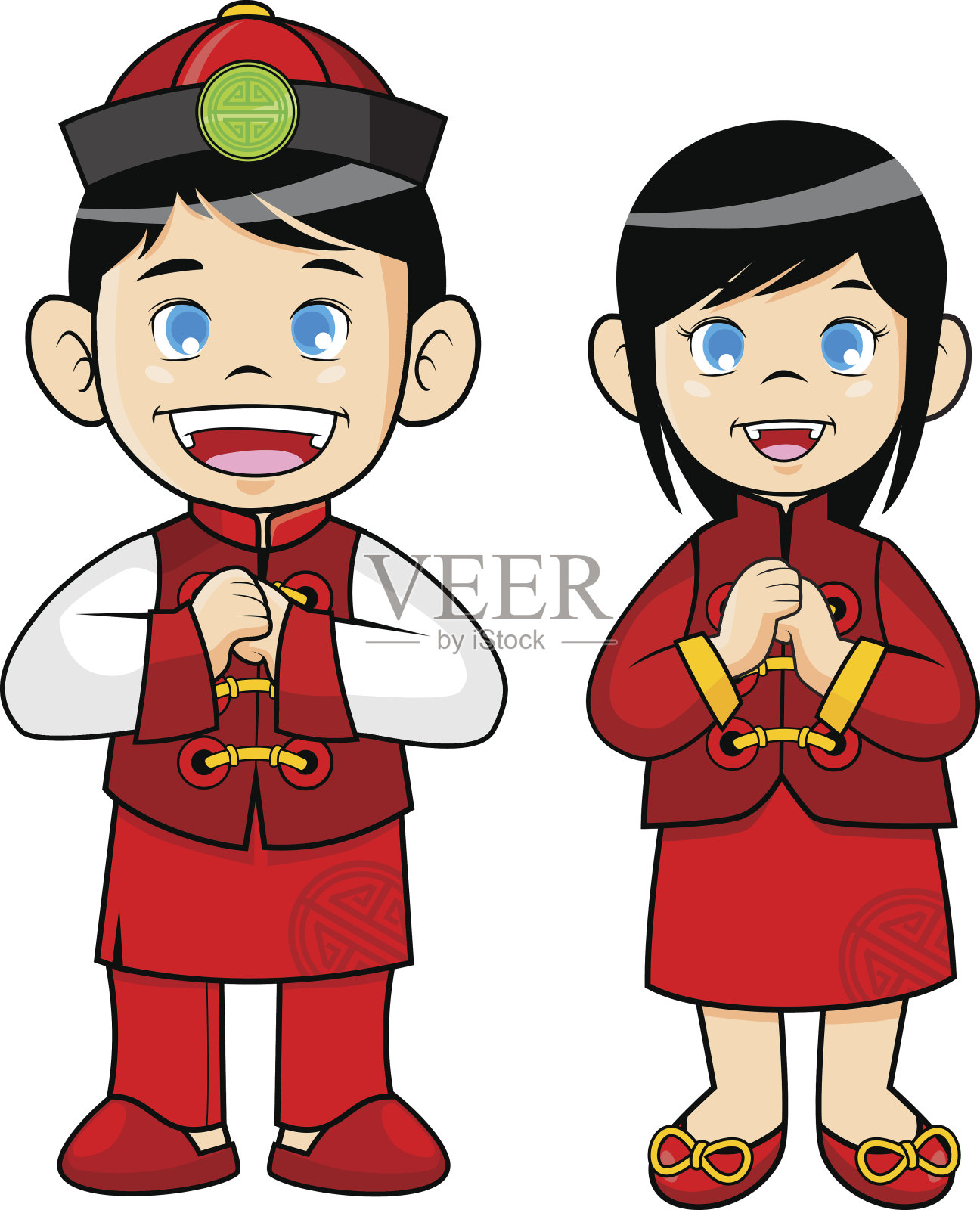 男孩和女孩穿着传统的中国服装设计元素图片