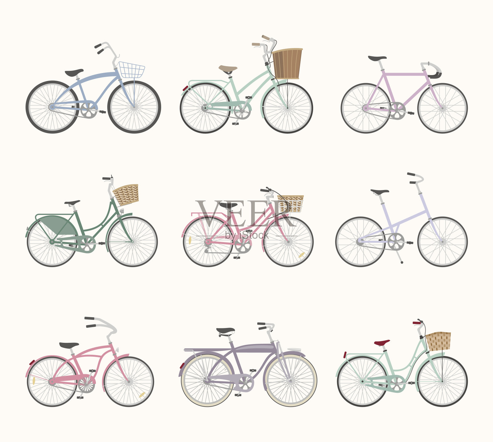 一套复古自行车在白色的背景设计元素图片