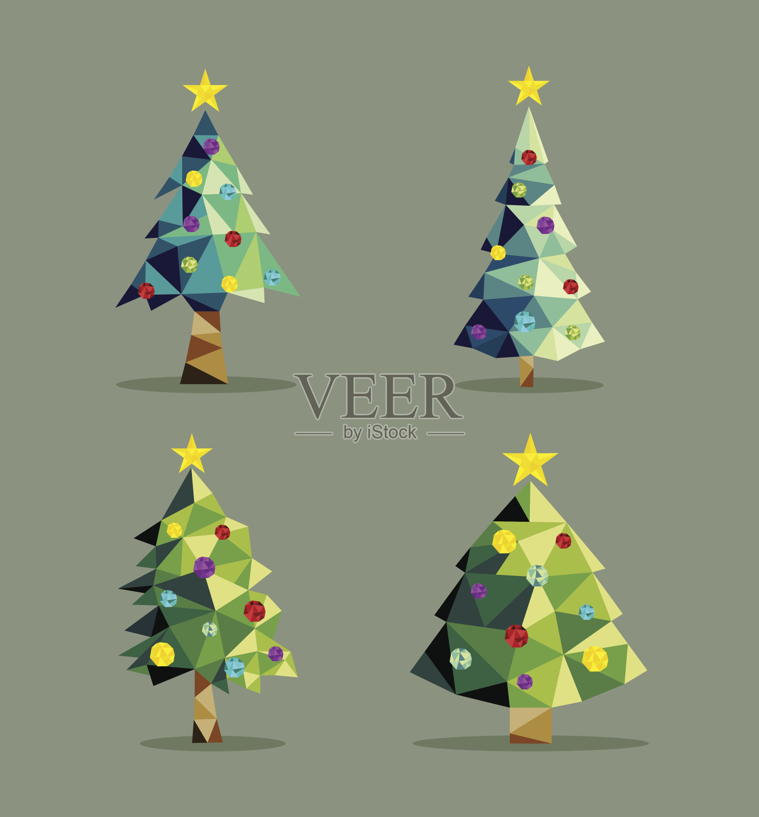 圣诞树设置低聚三角形饰品插画图片素材