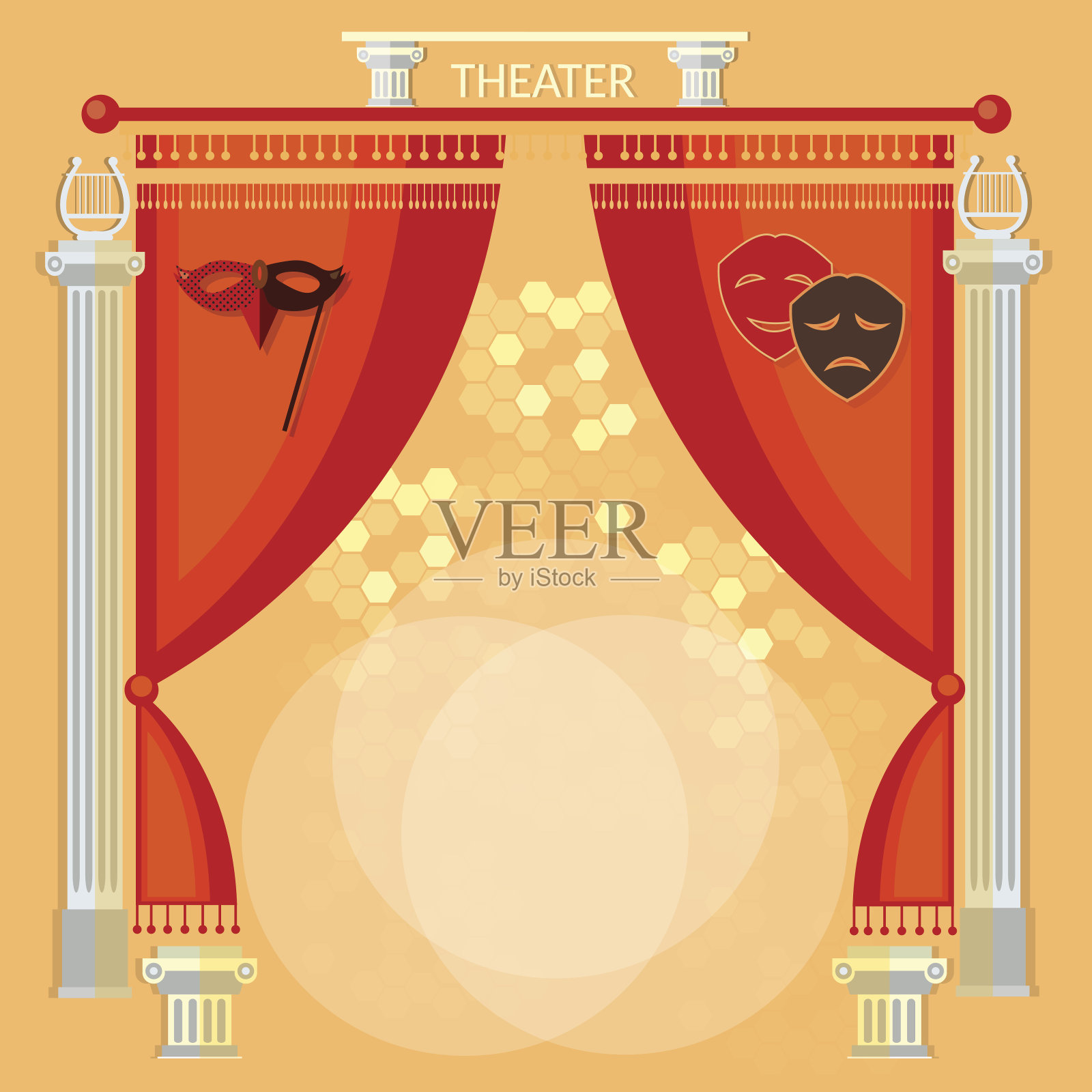 剧场舞台用红色幕柱和面具矢量插画图片素材