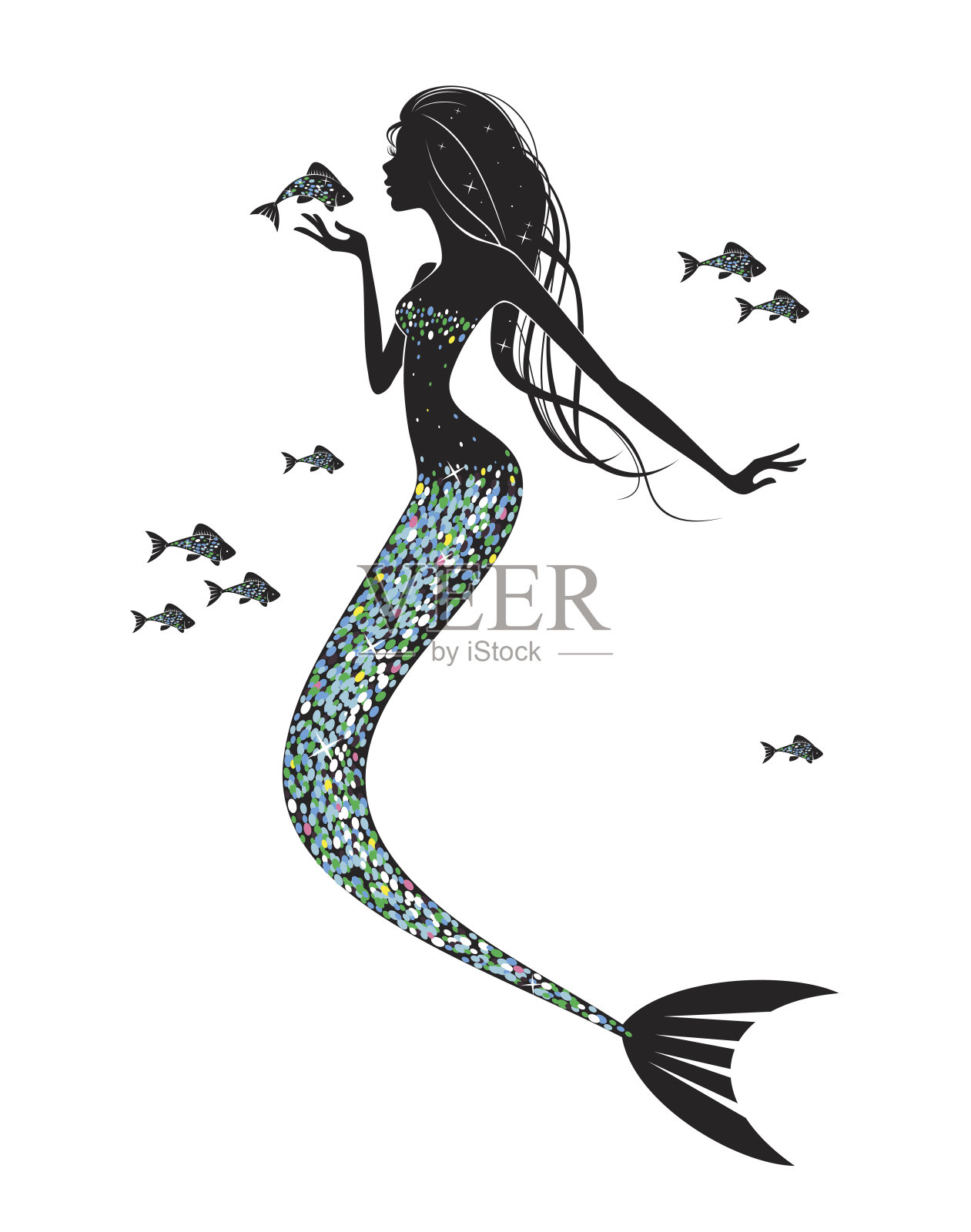 美人鱼和鱼的剪影插画图片素材