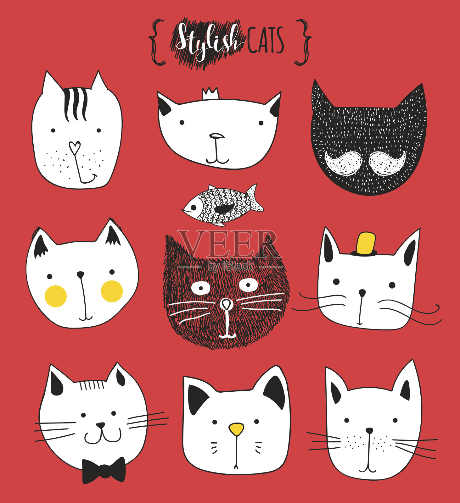 一组可爱的涂鸦猫。素描的猫。猫手工印刷插画图片素材