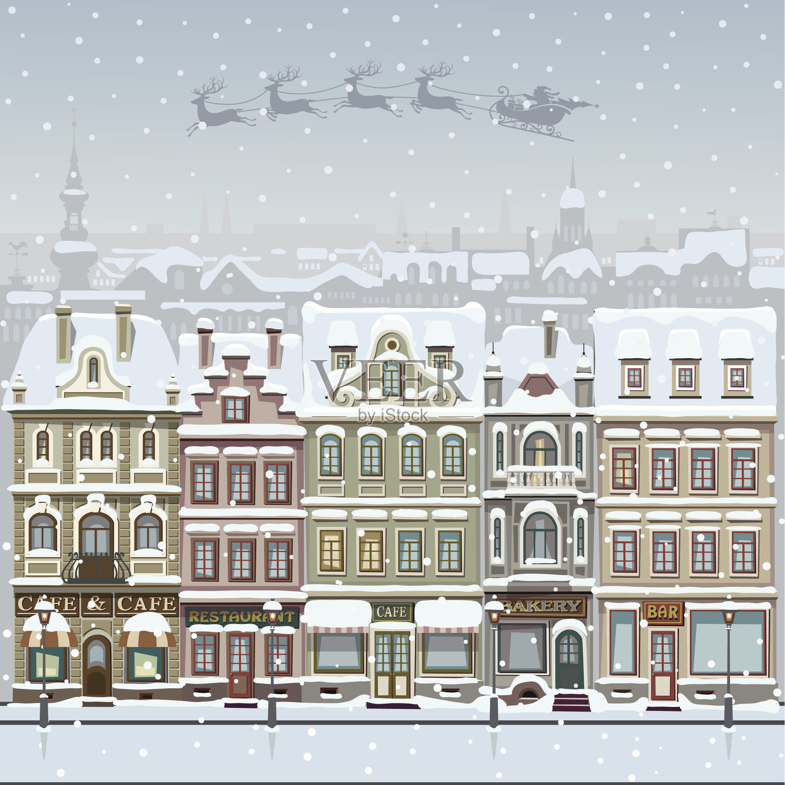 圣诞贺卡的城市景观和降雪。插画图片素材
