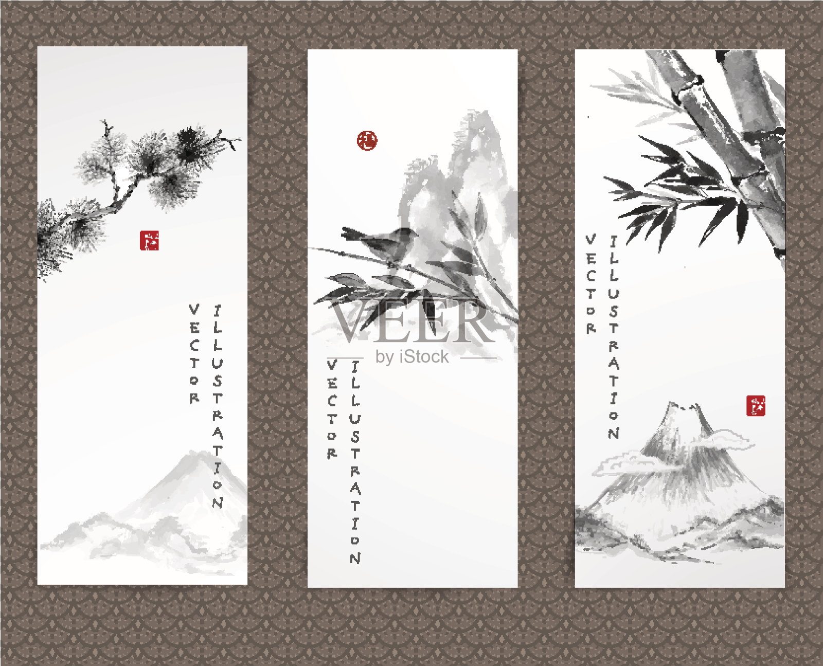 旗帜上有山、鸟、竹、松插画图片素材