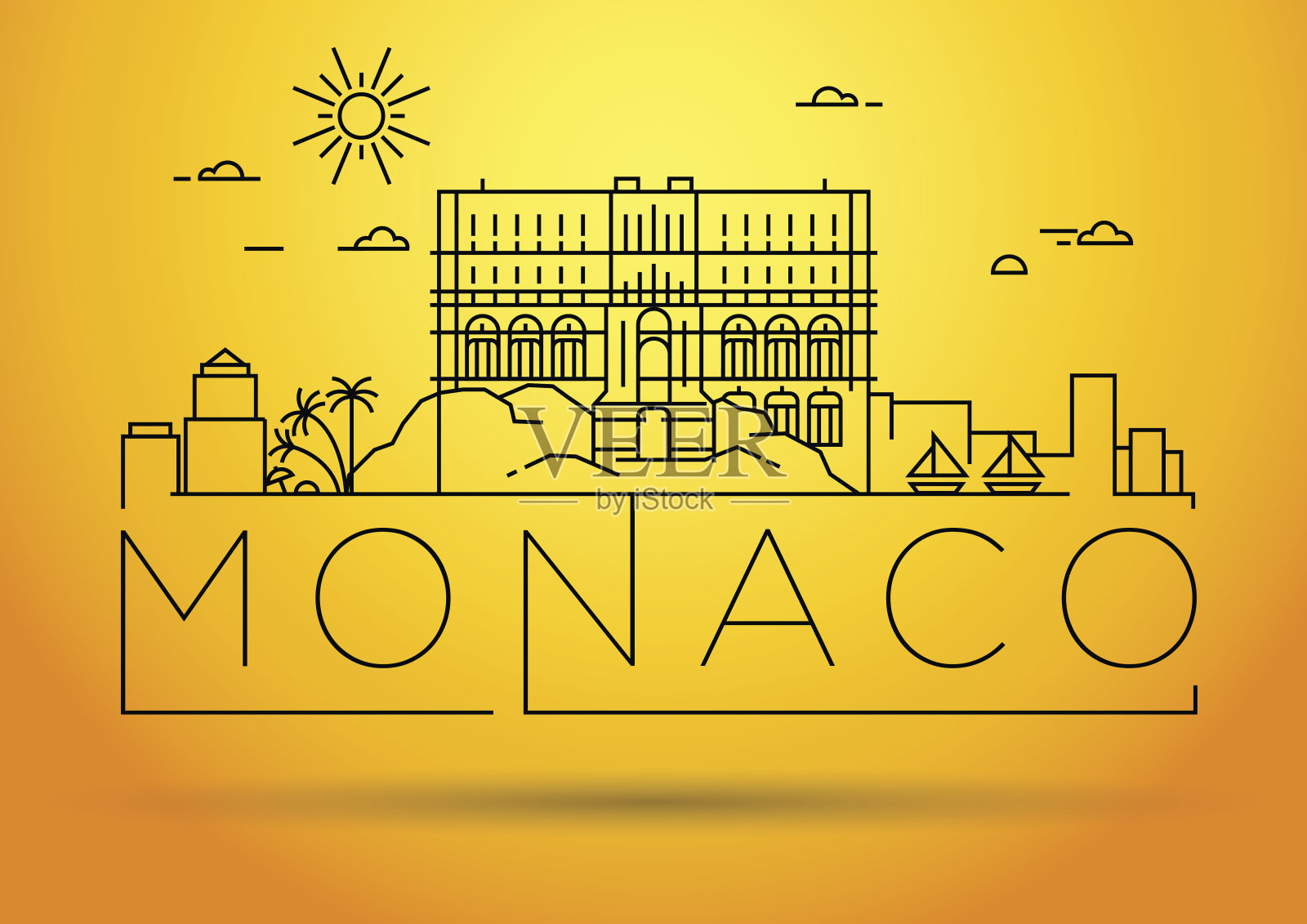 最小摩纳哥城市线性天际线与排版设计插画图片素材