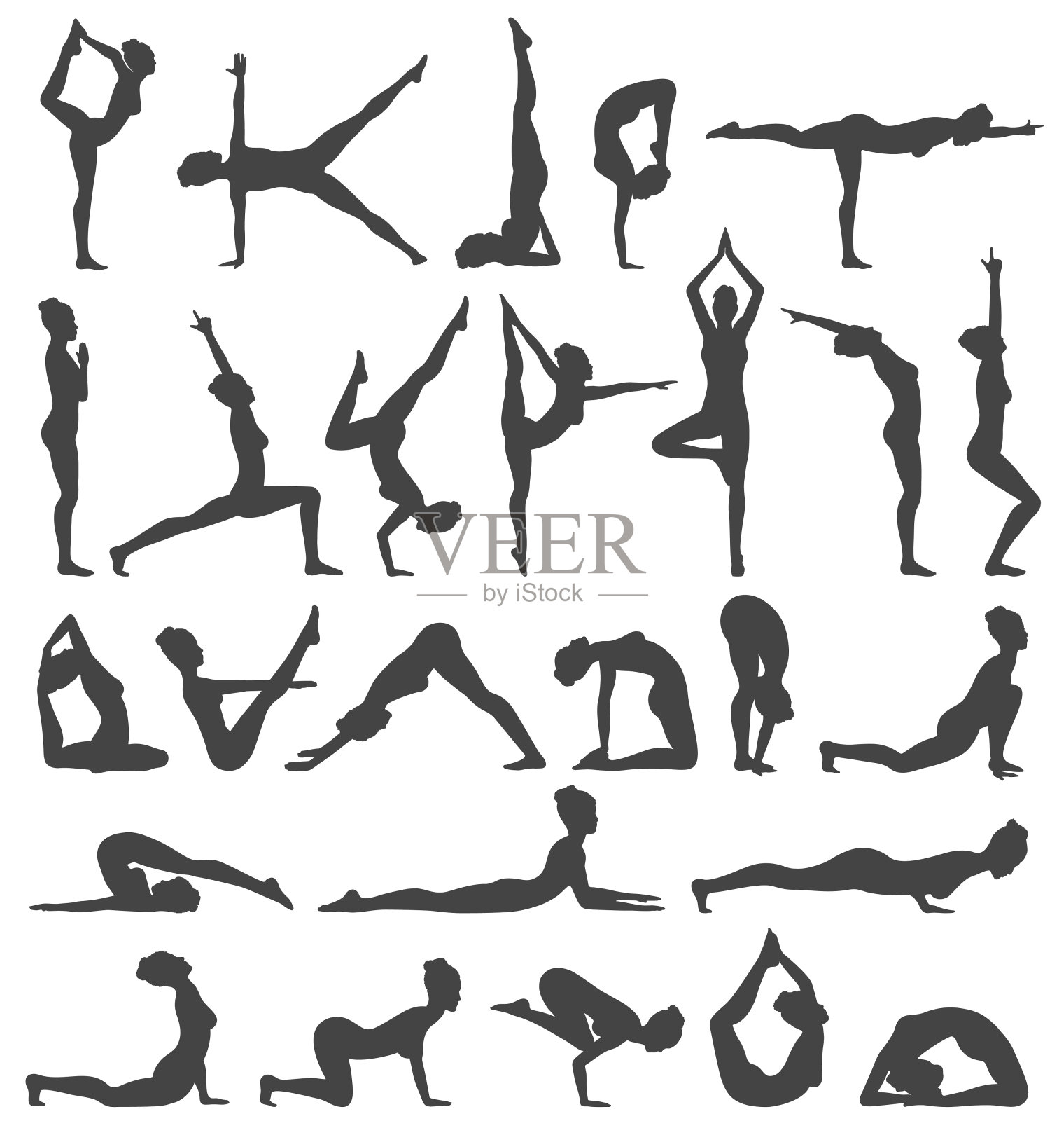瑜伽姿势集合设置黑色图标孤立在白色插画图片素材