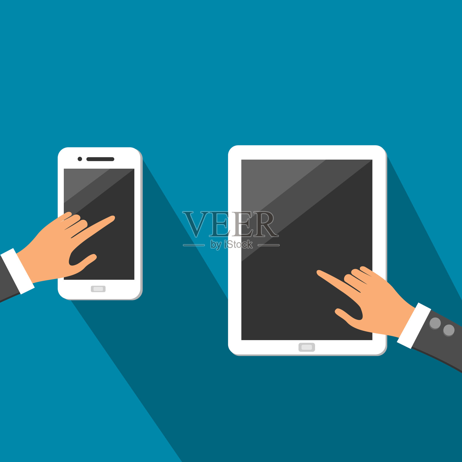 双手在白色平板电脑和智能手机与黑色触摸屏矢量插画图片素材