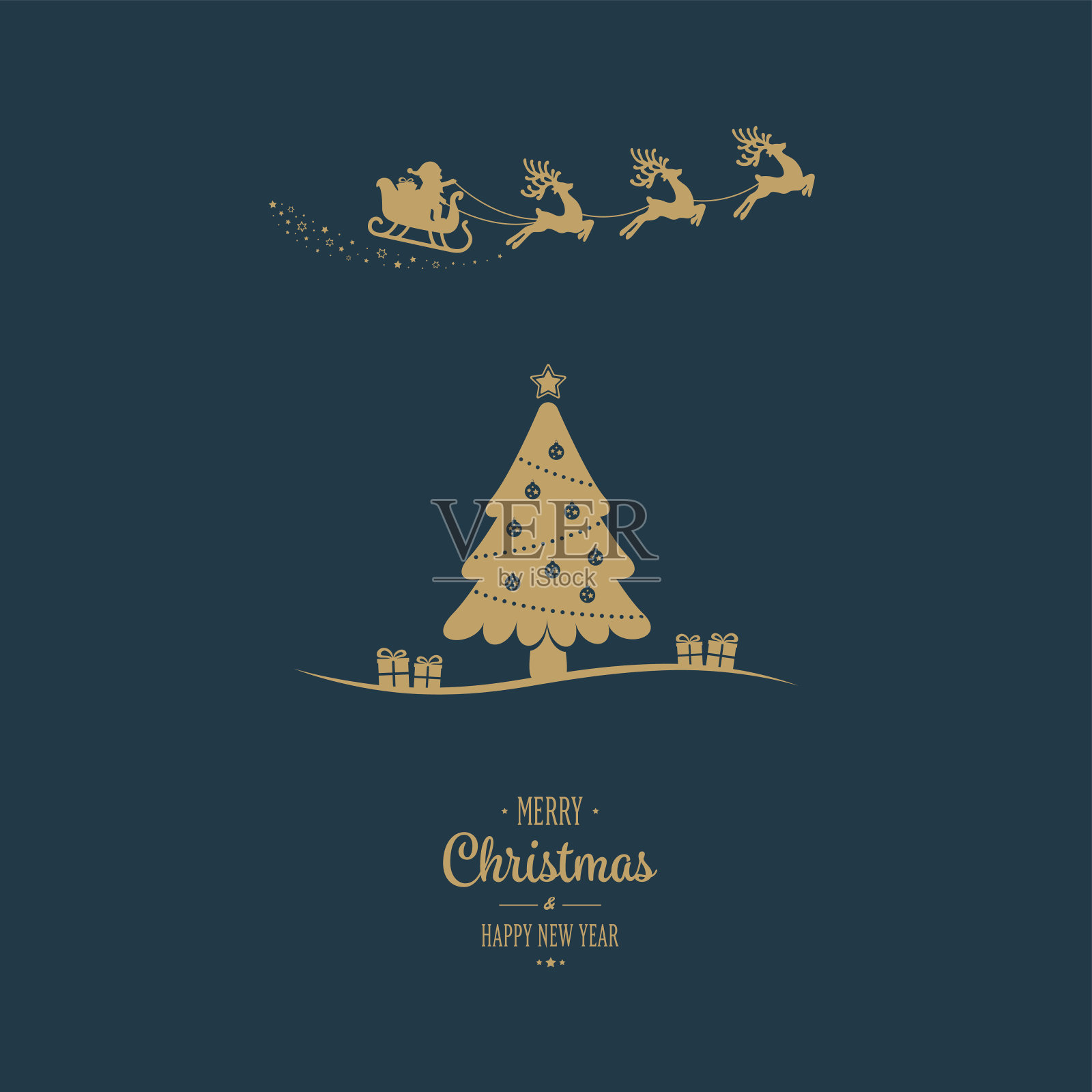 圣诞老人的雪橇飞着金色的圣诞树问候插画图片素材