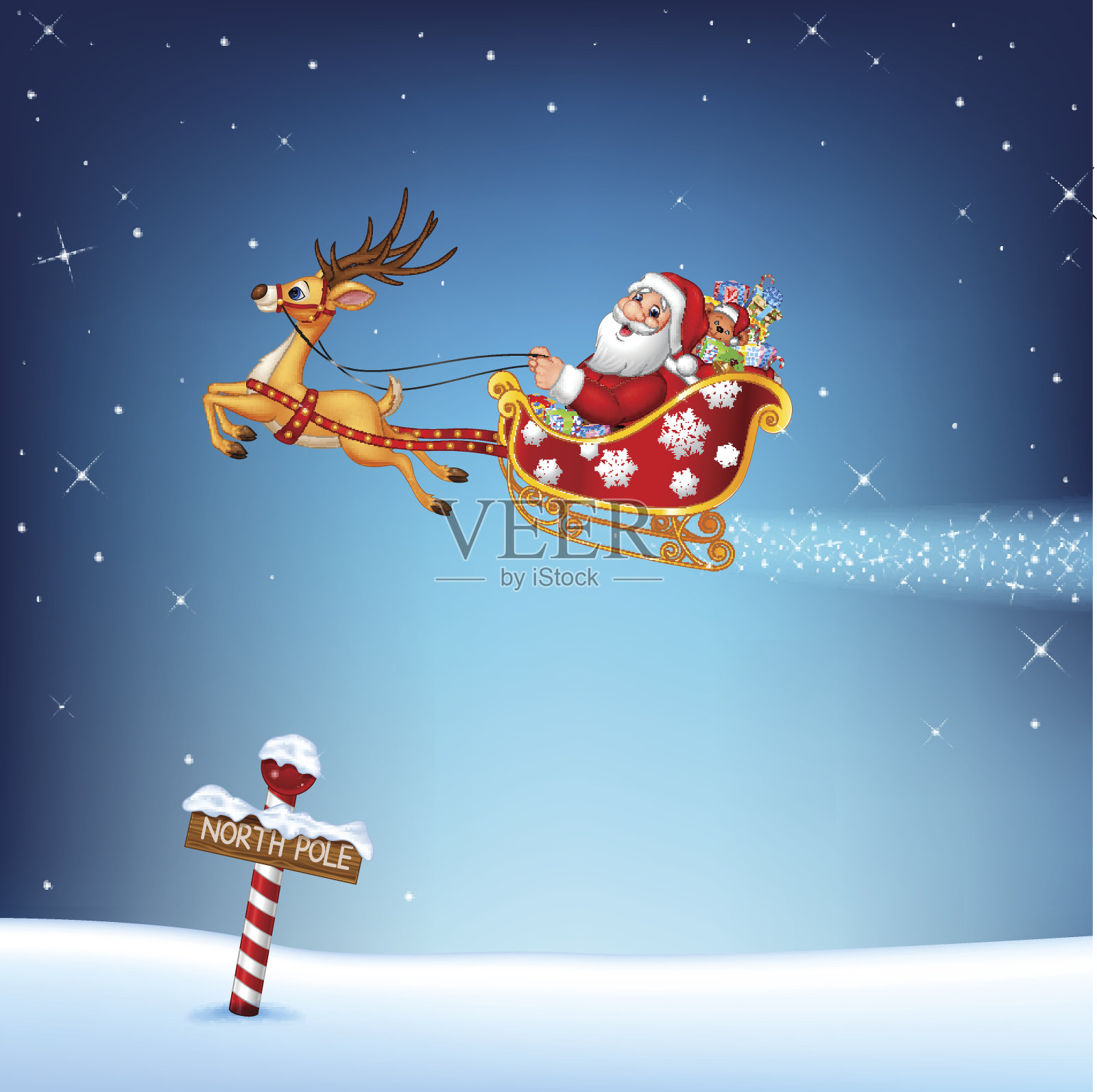 圣诞老人在驯鹿拉的圣诞雪橇里快乐插画图片素材