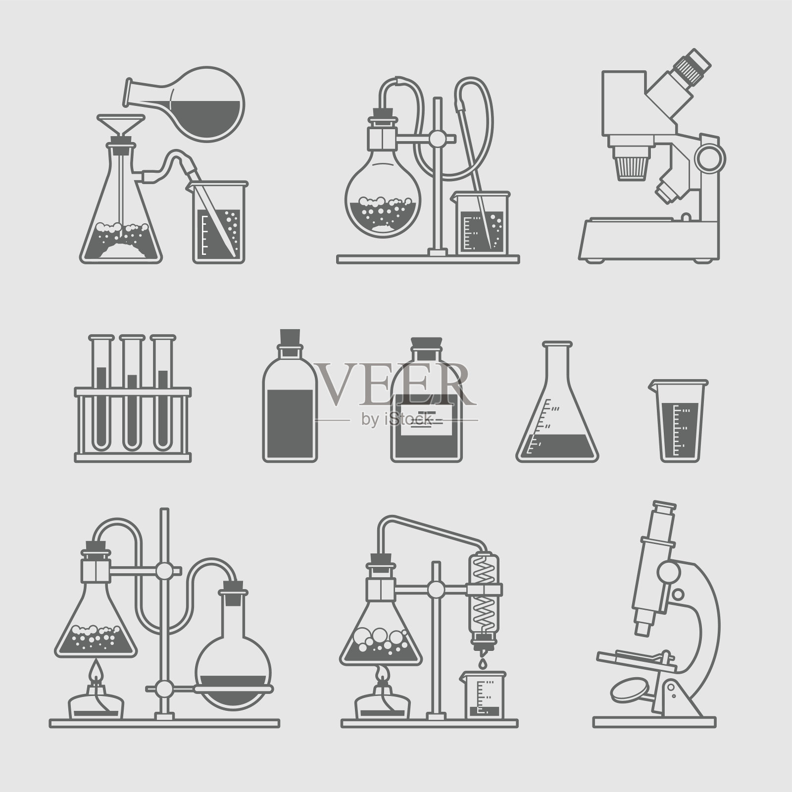 化学玻璃器皿图标集。插画图片素材