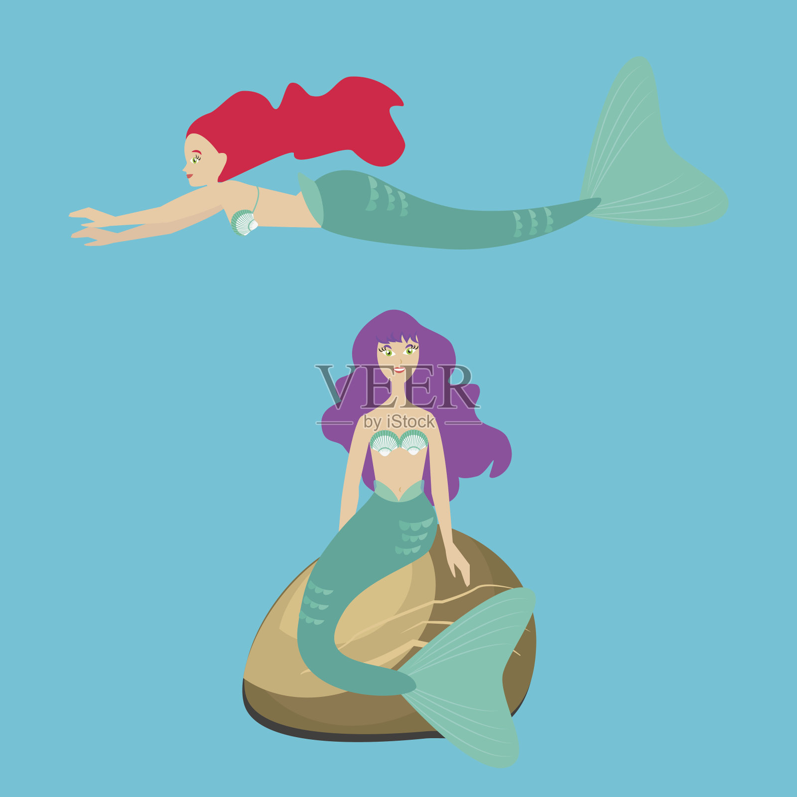 两个美人鱼，或者海妖。平面字符孤立在蓝色背景上。矢量，插图EPS10。插画图片素材