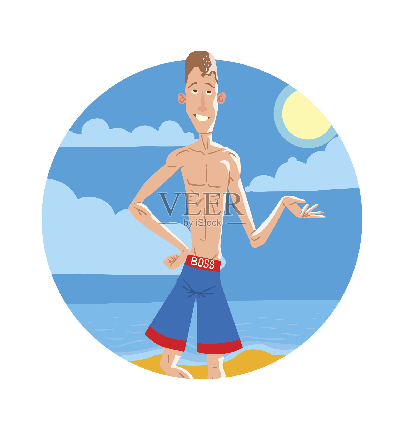 身材圆圆的，海滩上一个很瘦的男人插画图片素材