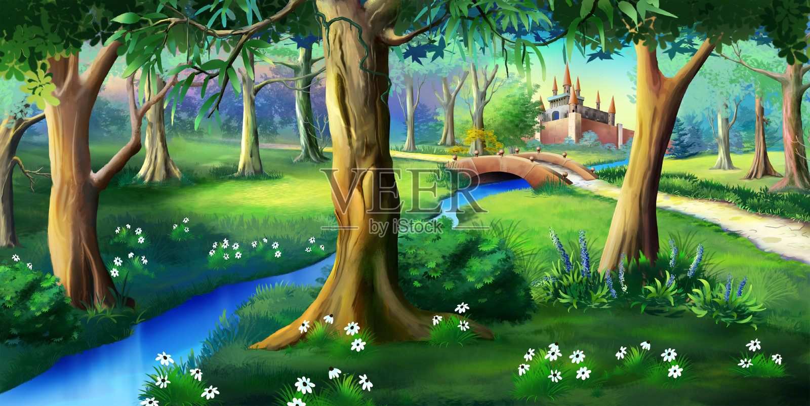 童话城堡周围的魔法森林插画图片素材