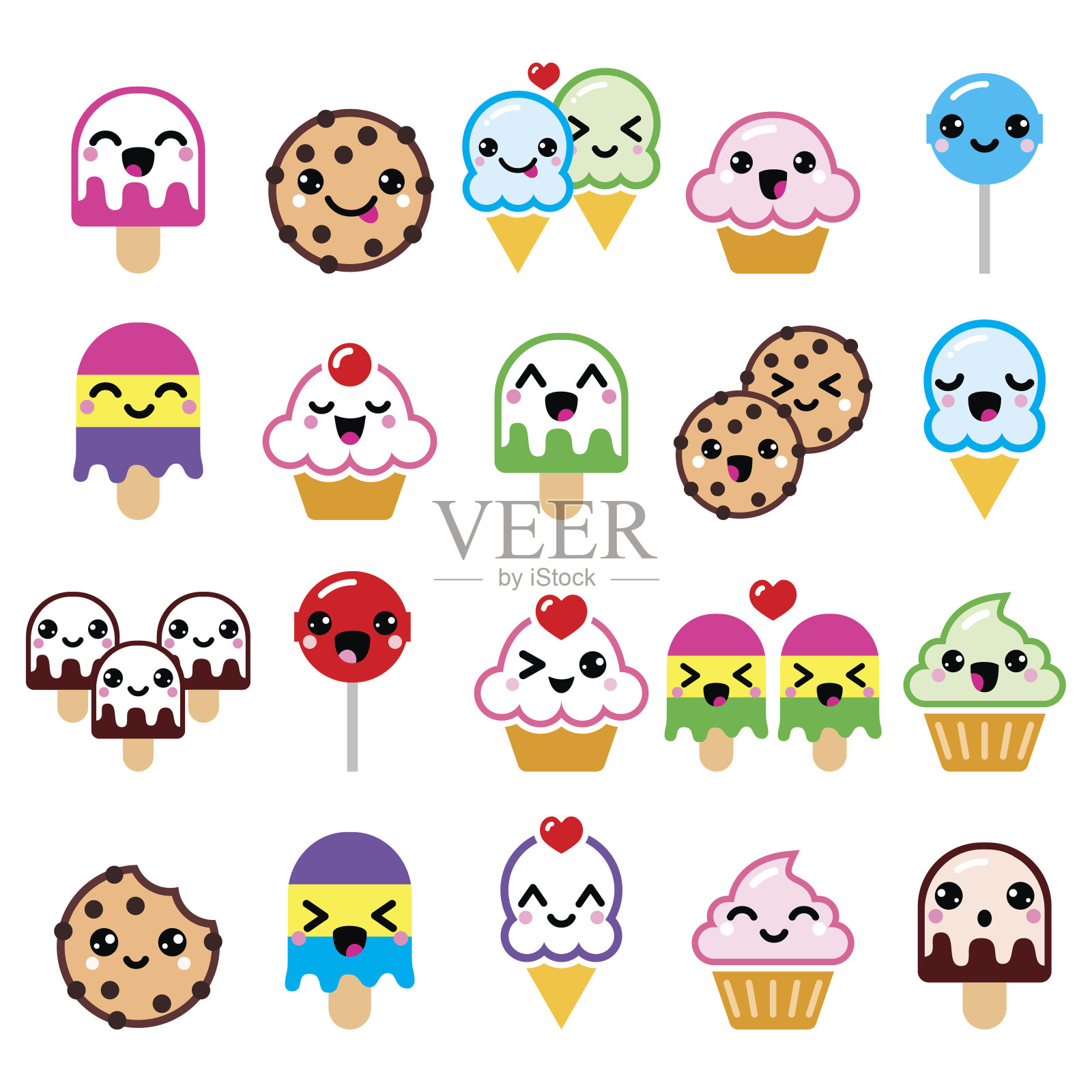 可爱可爱的食物角色-纸杯蛋糕，冰淇淋，饼干，棒棒糖的图标设计元素图片