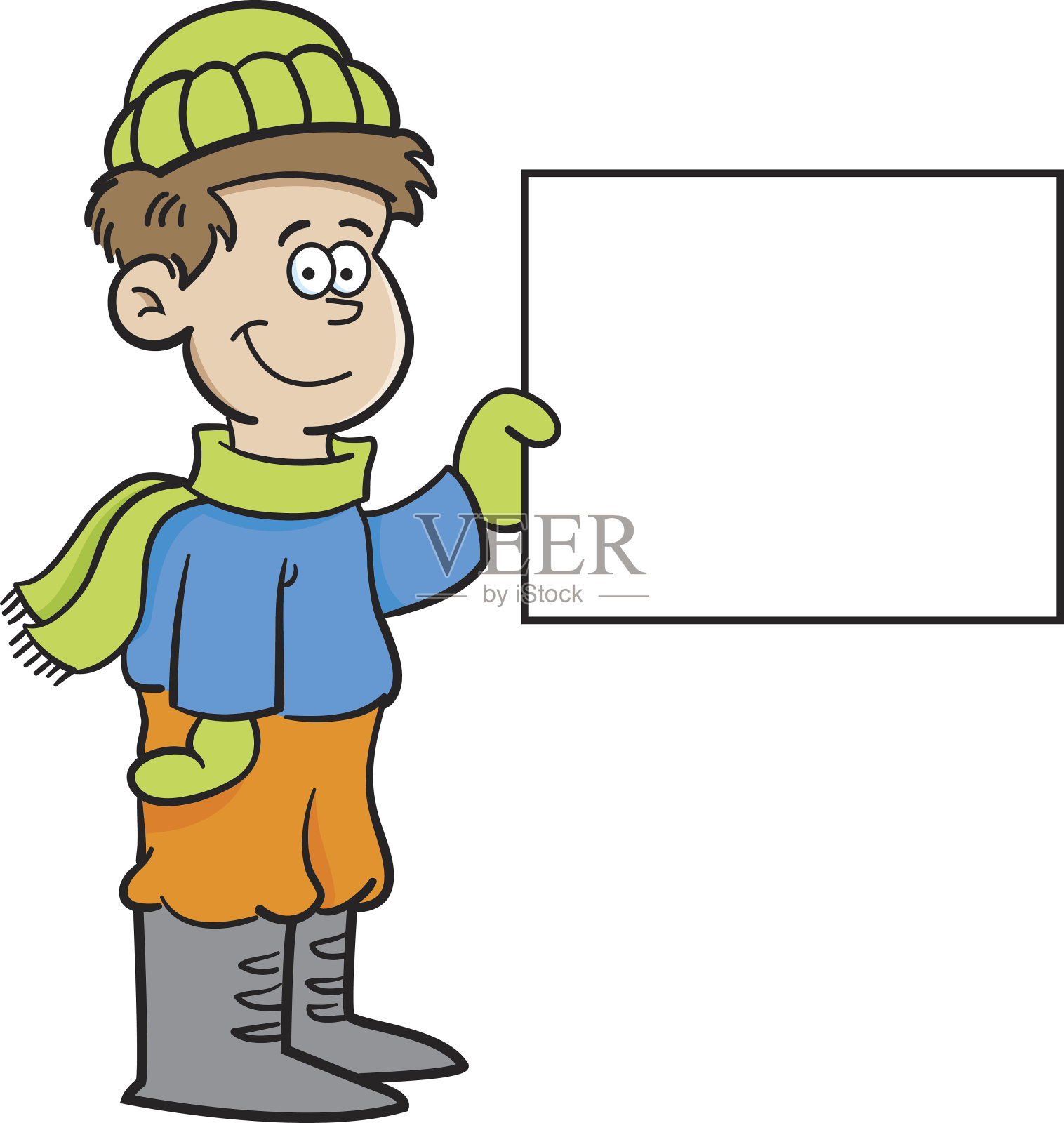 卡通男孩穿着冬天的衣服，举着一个牌子。设计元素图片