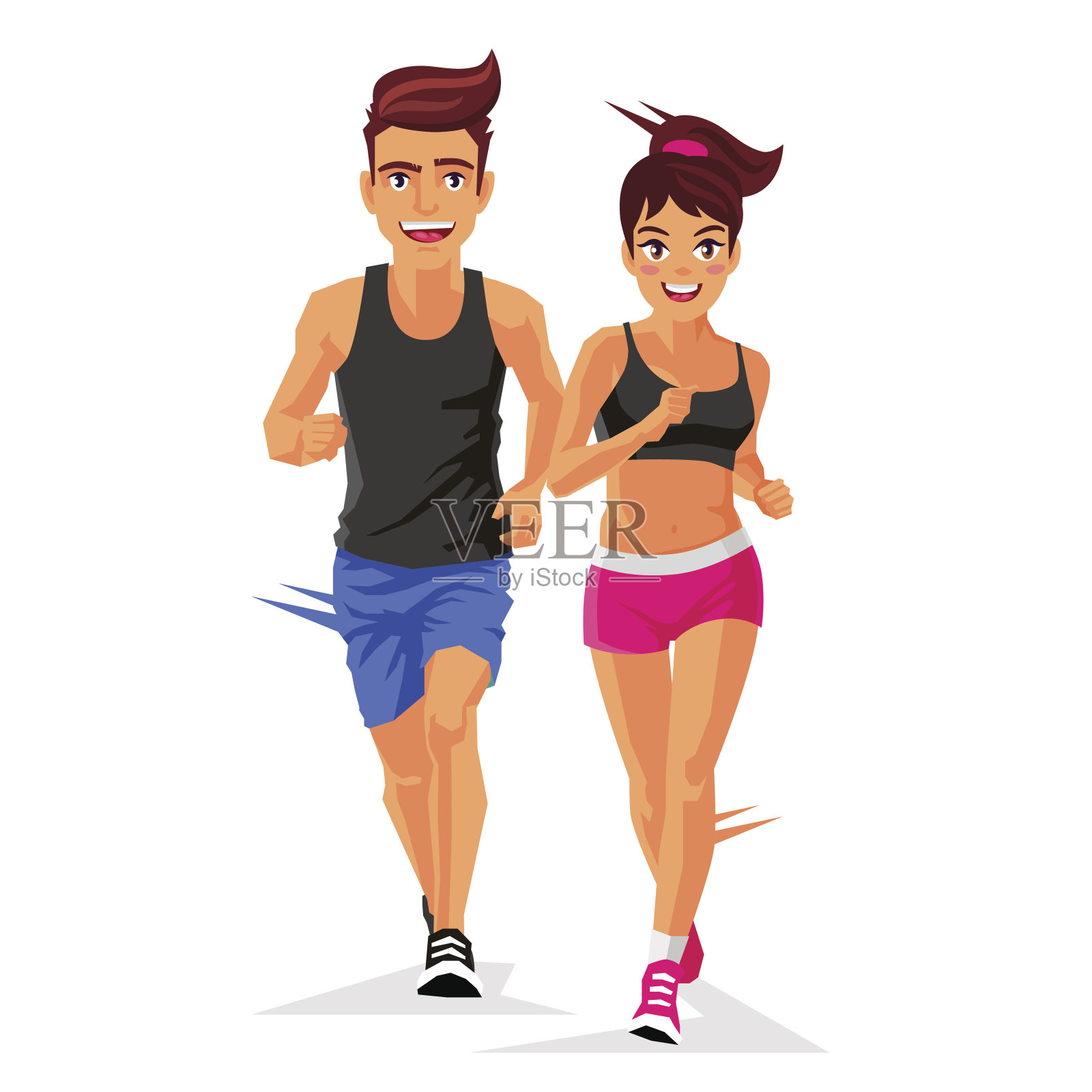 年轻英俊的男人和一个女人在跑步插画图片素材