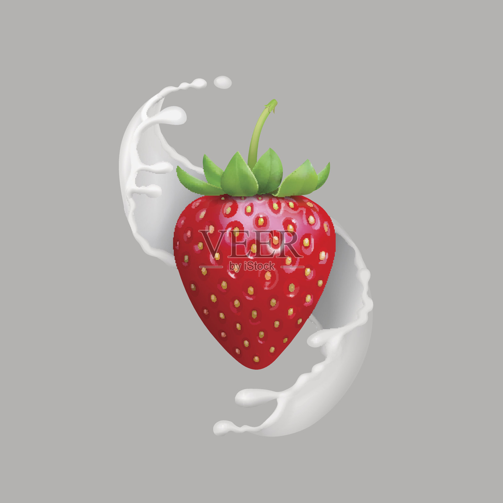 牛奶飞溅和草莓现实矢量插图。天然水果产品插画图片素材