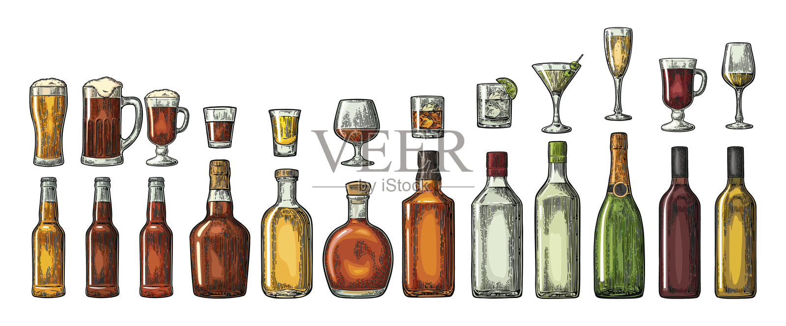设置玻璃和瓶装啤酒，威士忌，葡萄酒，杜松子酒，朗姆酒，龙舌兰酒，干邑，香槟，鸡尾酒，烈酒。插画图片素材