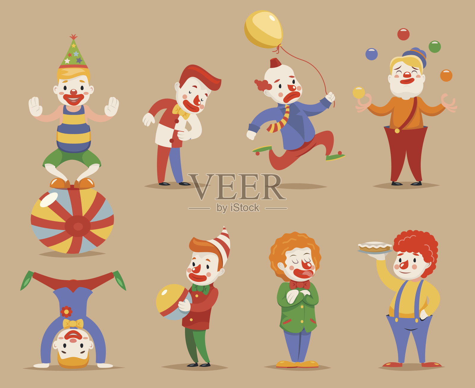 可爱有趣的小丑不同的位置和行动角色图标设置插画图片素材