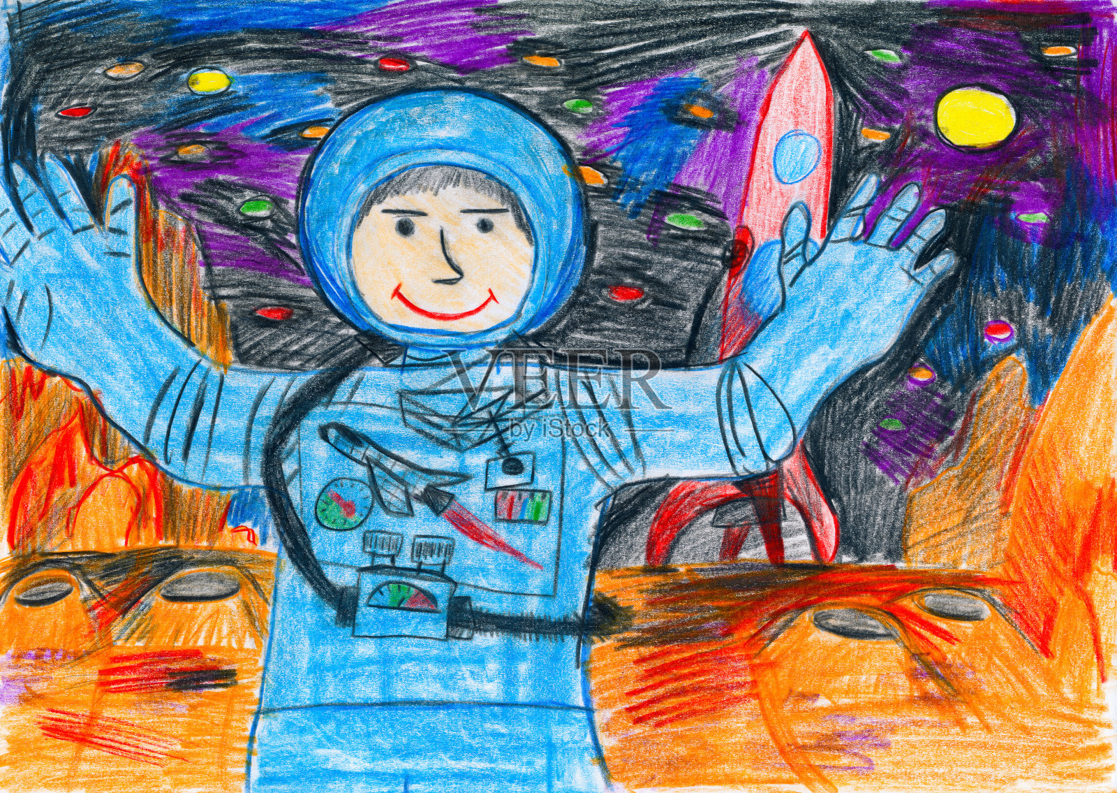 宇航员探索红色星球，空间概念，儿童绘画插画图片素材