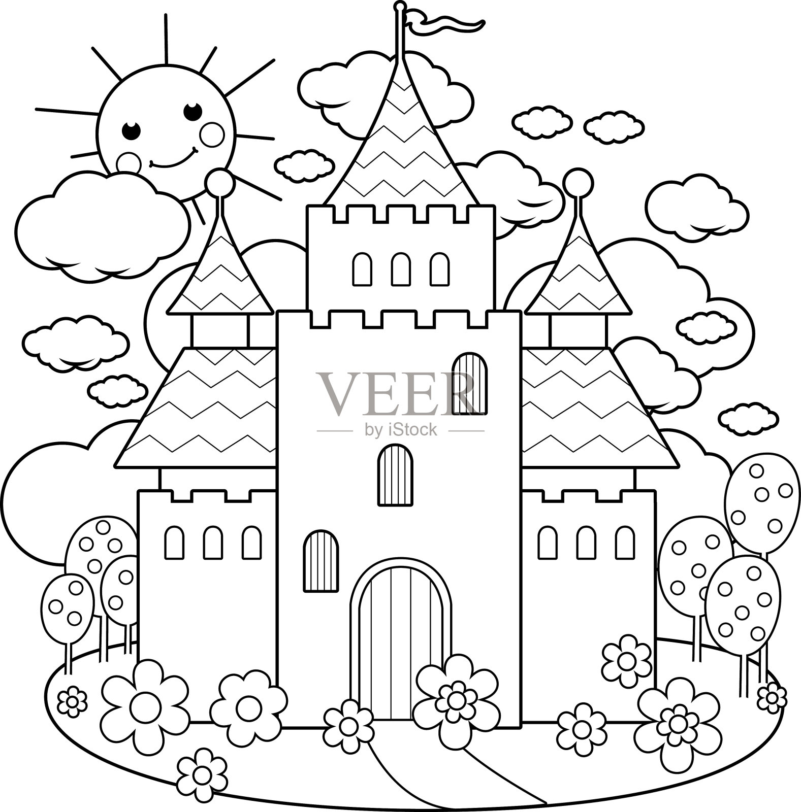 童话城堡和鲜花涂色页插画图片素材