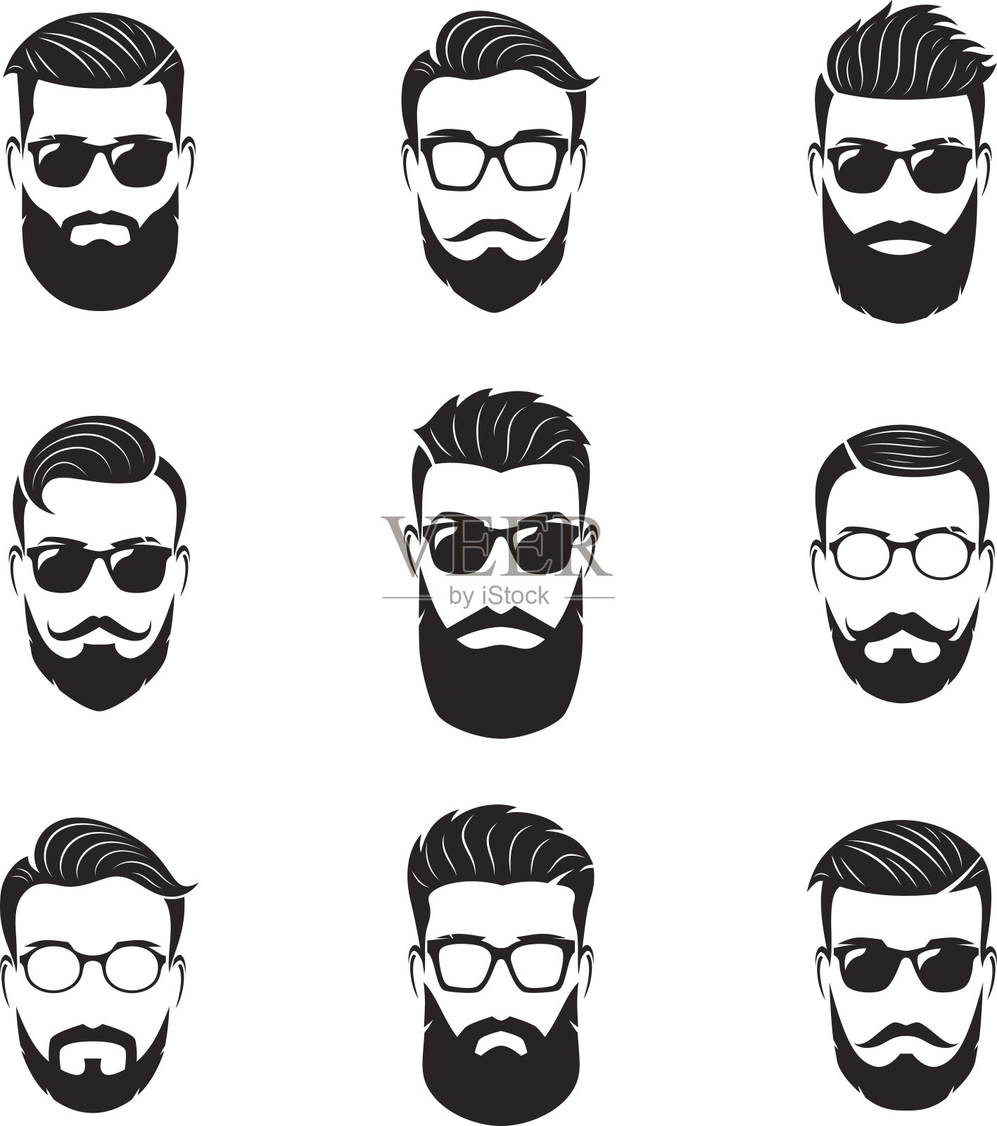 一组矢量胡子男人的脸，嬉皮士与不同的发型设计元素图片