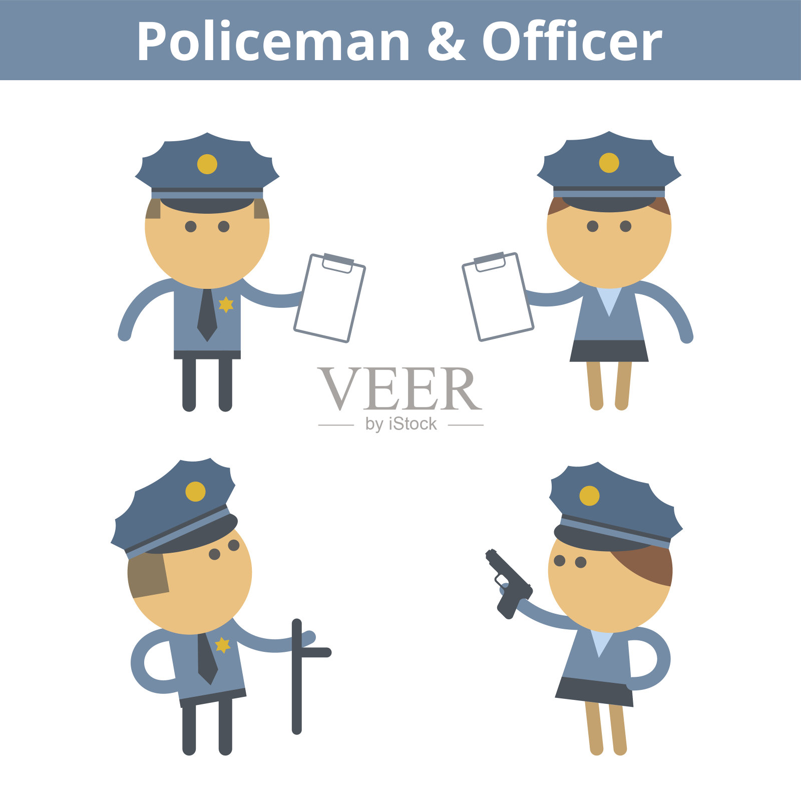 职业卡通人物:警察和警官。矢量平面图标。设计元素图片