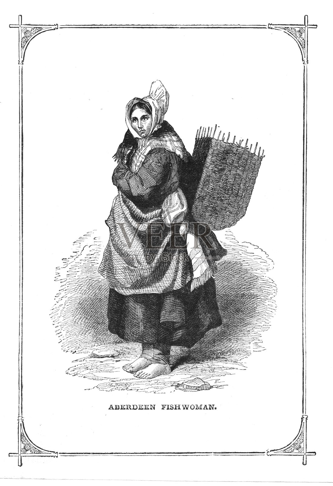 维多利亚时期的插图，阿伯丁渔妇背着篮子插画图片素材