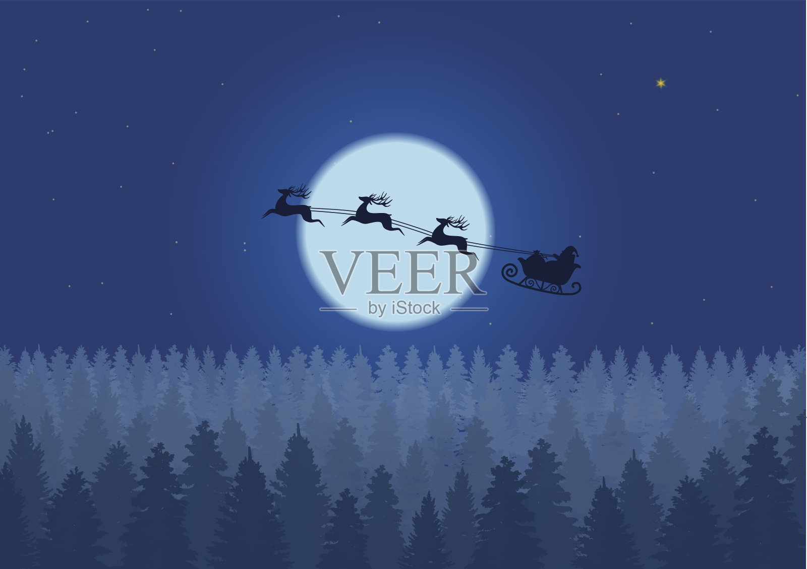 圣诞老人在圣诞森林下飞过夜空插画图片素材