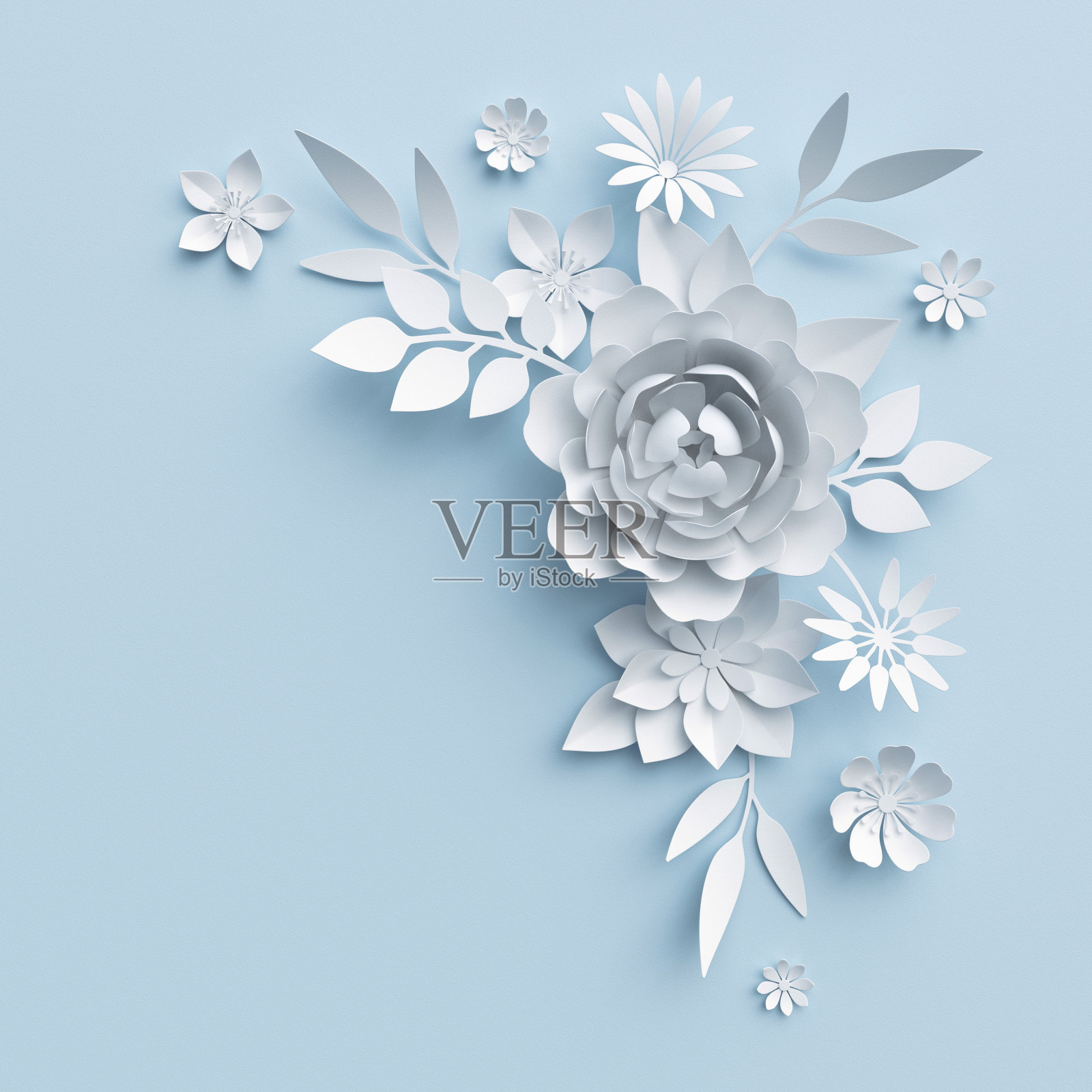 3d插图，白色纸花，蓝色粉彩装饰花卉背景插画图片素材