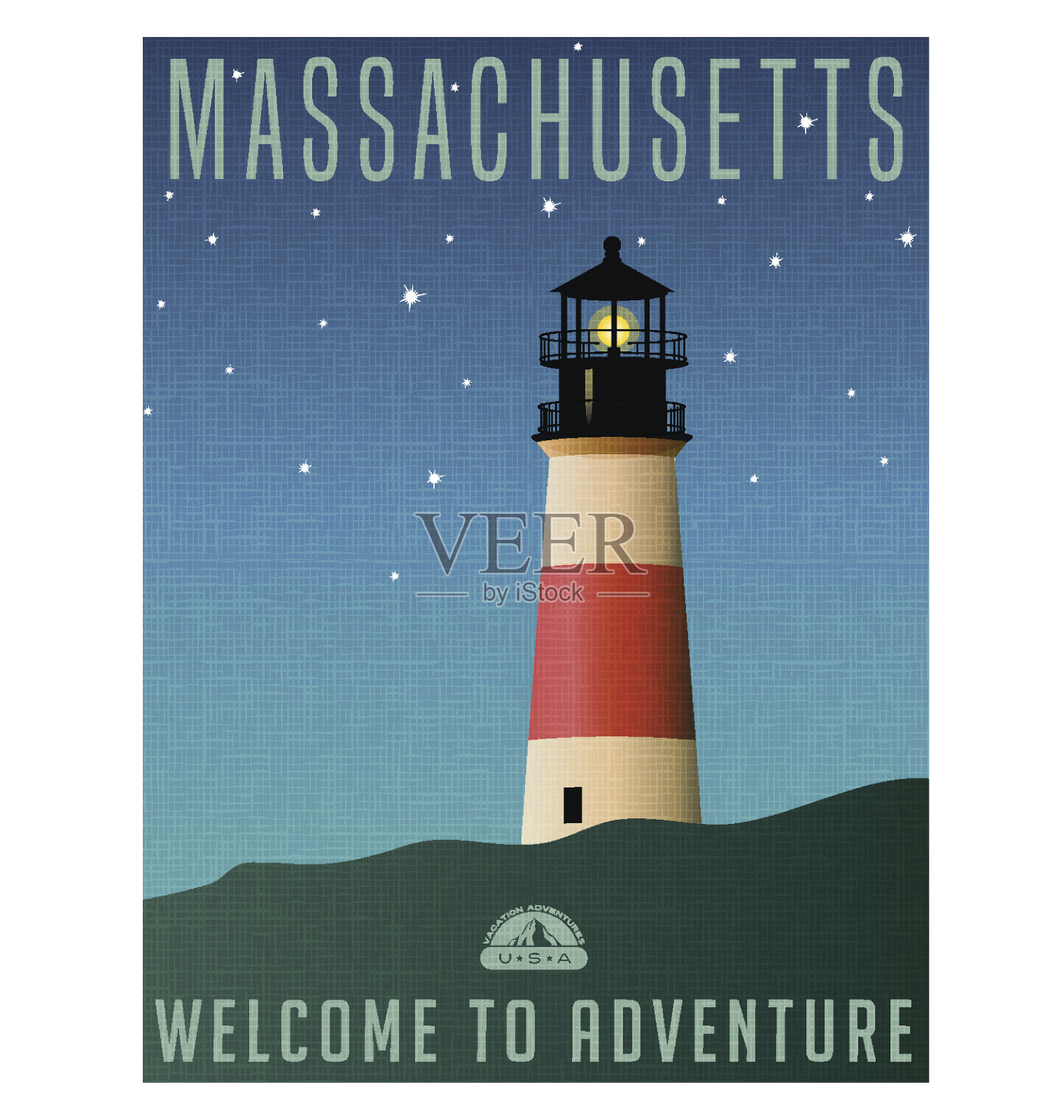 美国马萨诸塞州的旅行海报或行李贴纸。风景插图的灯塔在南塔开特岛晚上与星空。插画图片素材