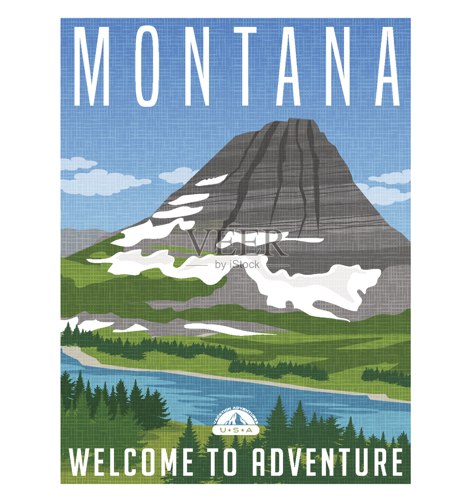 蒙大拿旅游海报或贴纸。矢量图雪山，河流和森林。插画图片素材